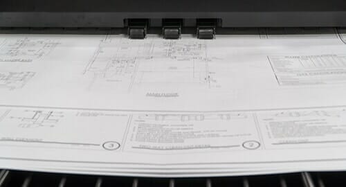 B&W printer printing an architectural drawing