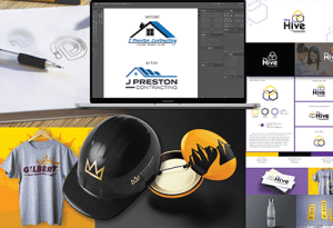 Samples of company logos printed on various products; badge pins, t-shirts, stationary, etc.