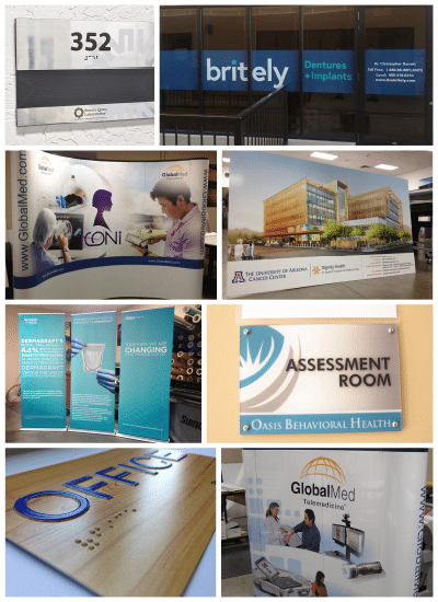 Samples of printed display signage, banners, and window graphcis