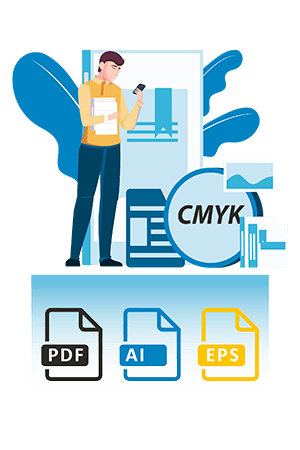 animated man showcasing print elements and cmyk file types