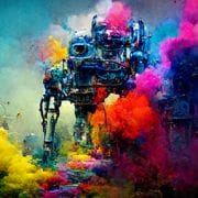 Stylize robot painting in vividly bright colors