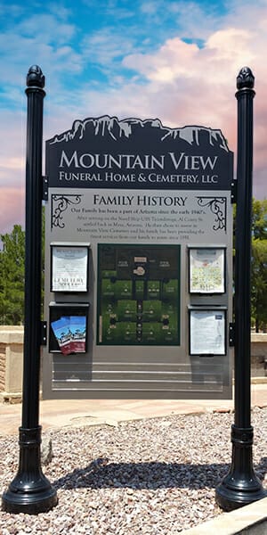 Large outdoor informational signage for Mountain View Funeral Home & Cemetery.