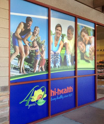 Window graphics wrap for the storefront of Hi-Health.