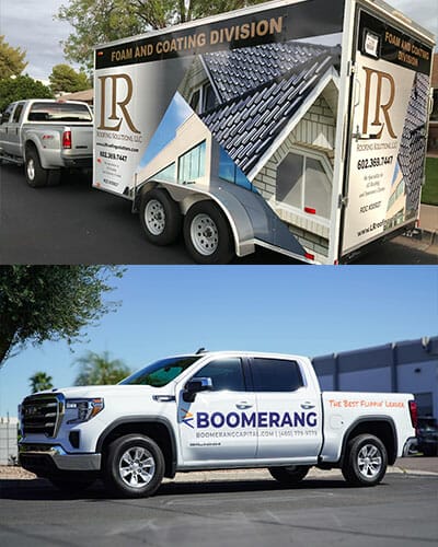 Truck trailer graphics wrap for a roofing company and truck vinyl graphics for Boomerang Capital Partners.
