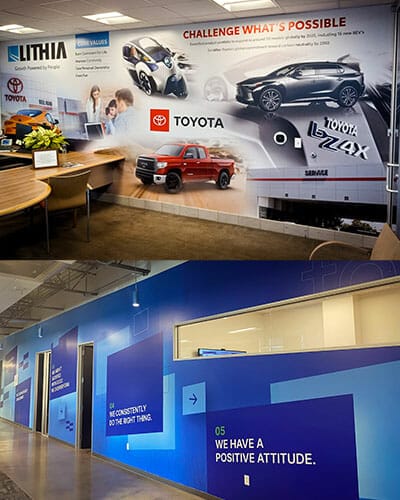 Two images showcasing wall graphics wraps for Toyota and a solar company.
