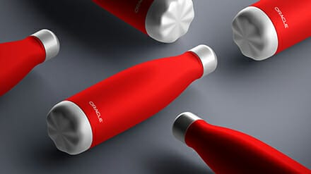 Examples of 5 branded promotional water bottles in red.