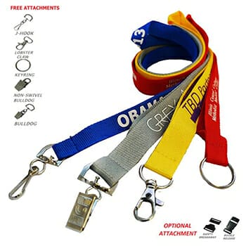 Examples of 4 different colored lanyards branded as promotional giveaways.