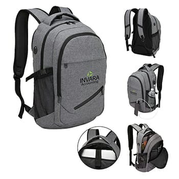 Branded promotional backpack showing bag features.