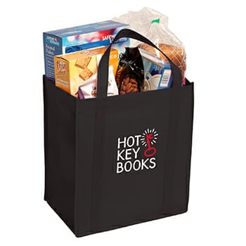 Branded carrying bag for Hot Key Books filled with grocery items.