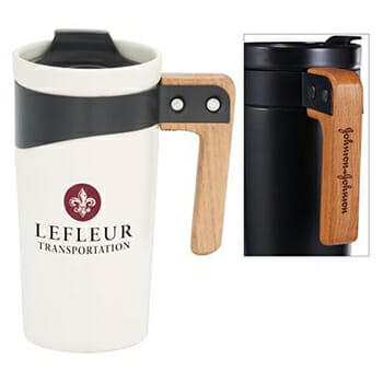 Branded promotional tumbler with wooden handle.