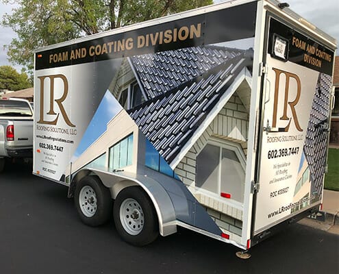 Full wrap for towing trailer for L&R Roofing Solutions