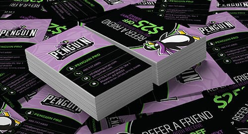 Business card mockup for AC company with cards scattered around.