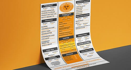 Flyer menu for coffee shop displayed on an orange background.