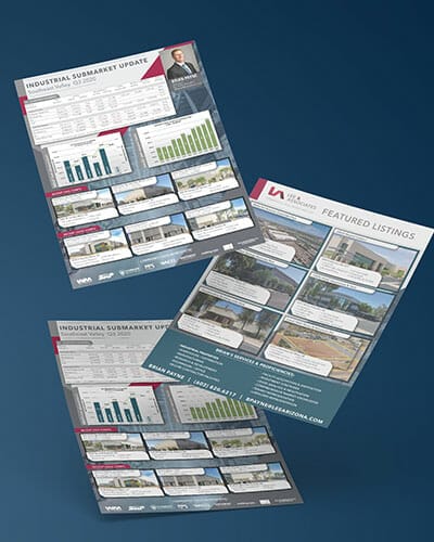Marketing collateral flyers for a commercial real estate company.