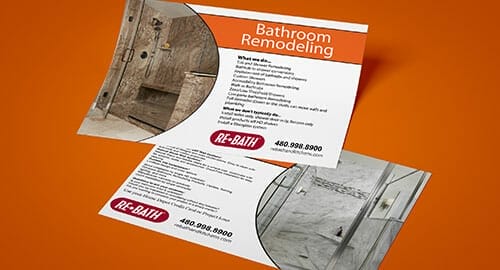 Marketing flyer handouts displayed on an orange background.