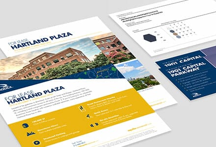Marketing collateral flyers and postcards for commercial real estate.