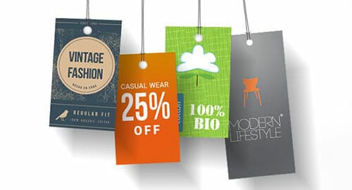 Various hanging tags displaying branding or promotions.