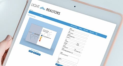 iPad tablet showcasing business card ordering online.