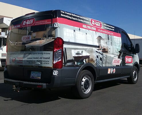 back and side view of full fleet wrap for the company re-bath kitchen's van
