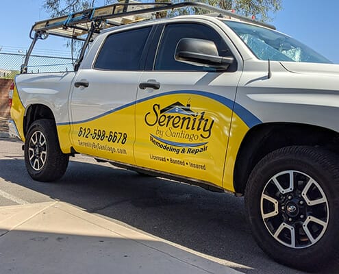 Serenity company logo and branding partial truck wrap